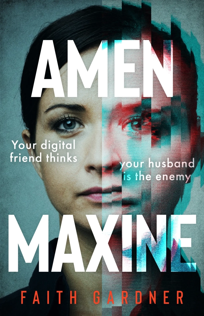 Image of a digital book cover. A white woman's face dissolves into pixels. The title of the book "Amen Maxine" is written in white over it. 