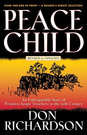 Image of a book cover. The words PEACE CHILD are across the front in white on a black background. There is a line drawing of huts on stilts among trees.
