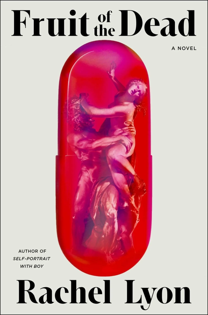 Image of a digital book cover. A man holds a woman inside a red pill. She shoves her hand in his face, leaning away from him. They are in the style of sculpture.