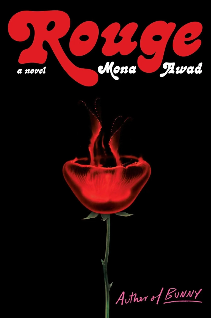 Image of a book cover. The background is black. At first glance it appears a red rose is on the cover but really it's an upside-down jellyfish.